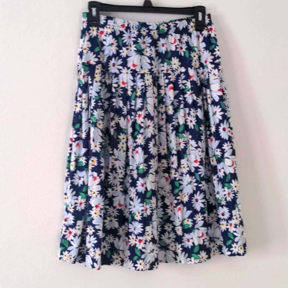 Vintage Hand Made Polyester Blue Floral Daisy Pleated Circle Full Skirt Midi S